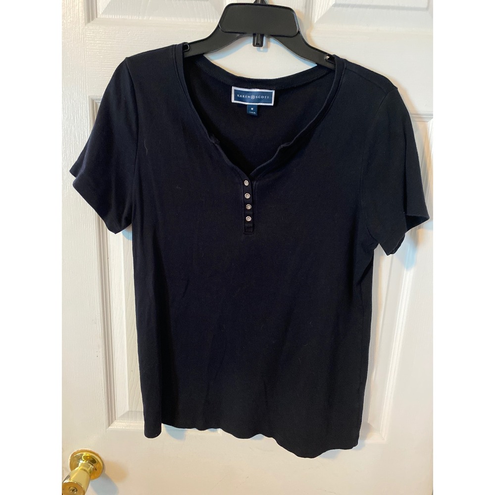 Karen Scott Womens Black Short Sleeve Henley Top Ribbed Button Neck Shirt M